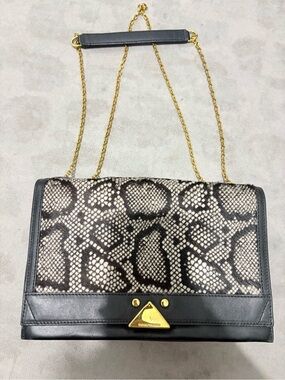 Emporio Armani Black and Beige Snake-Print Shoulder Bag with Gold Chain Strap